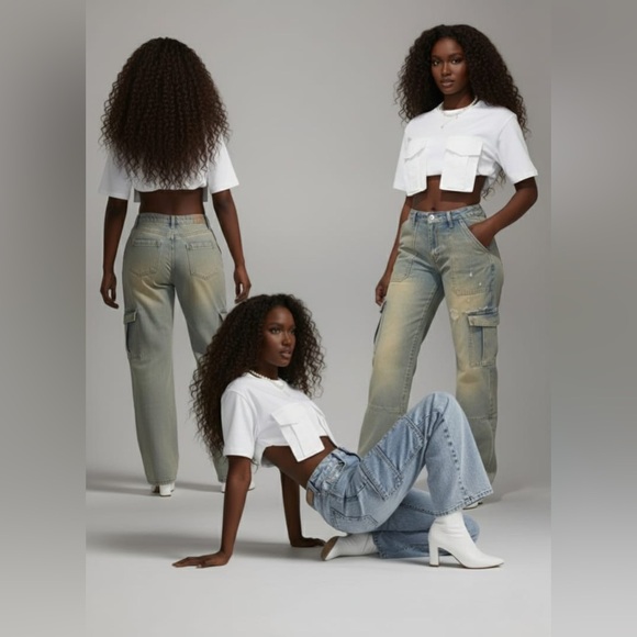 Women’s Ultra Short Cargo Crop Top with Round Neck and Pocket - Casual - Picture 10 of 14